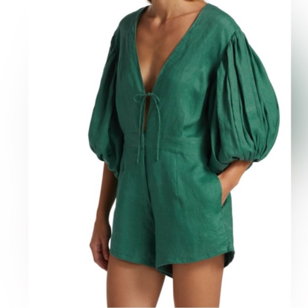 SWF Linen Puff-Sleeve Romper Green Equilibrium V Neck Boutique